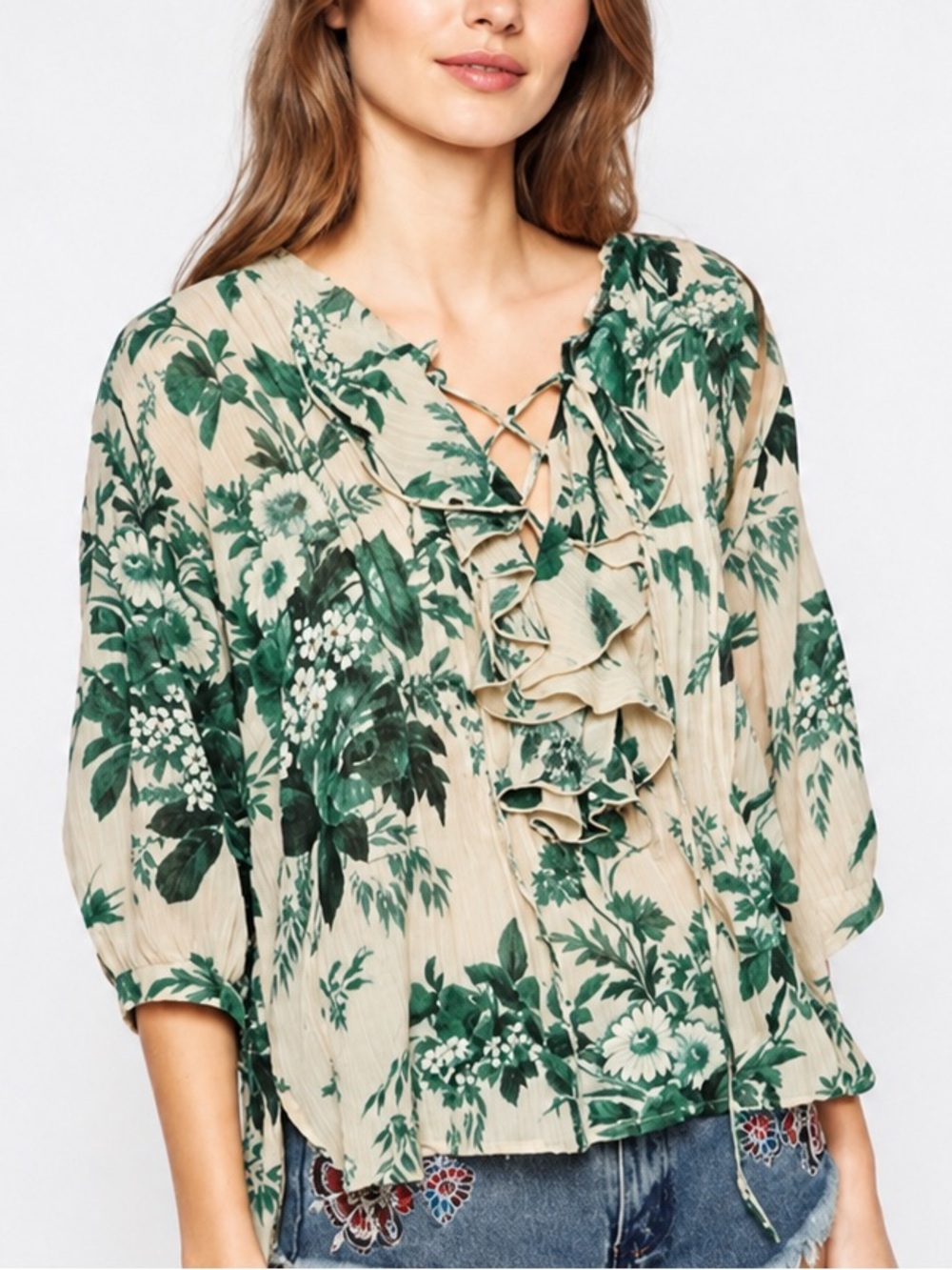 Denim & Supply Ralph Lauren Cream Floral Ruffled Lace-Up Peasant Blouse